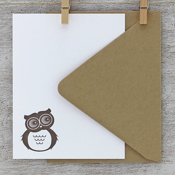Hoot Owl Cute Letterpress Note Card Set - Mocha Dark Brown - Summer, Autumn, 10 pack (NHL01)