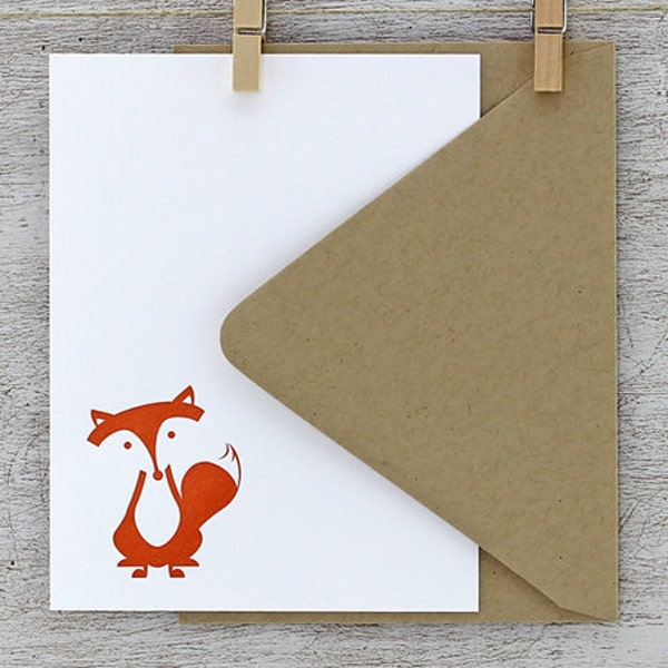 Fox Letterpress Note Card Set: Sitting Fox, Burnt Orange, Autumn, Fall (Set of 10)