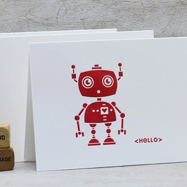 Robot Geekery Letterpress Folded Note Card Set Modern Cute Illustration Hello Ruby Red, Garnet Red (Set of 3)