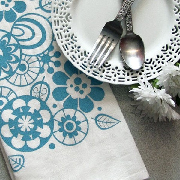 TEA TOWEL Screenprinted Natural Cotton Flour Sack Geometric Retro Flower Light Aqua Aquamarine Blue (TT07)