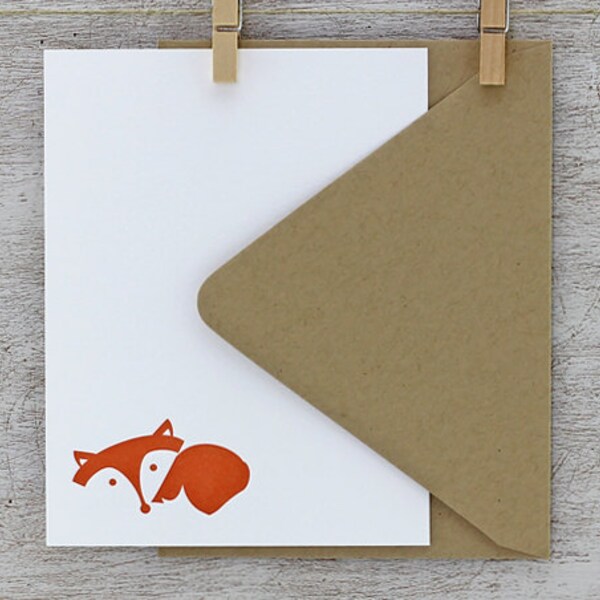 Fox Note Card Set - Fox Letterpress Stationery Set - Laying Fox, Autumn, Fall, Red, Rust Orange - 10 pack (NLF1)