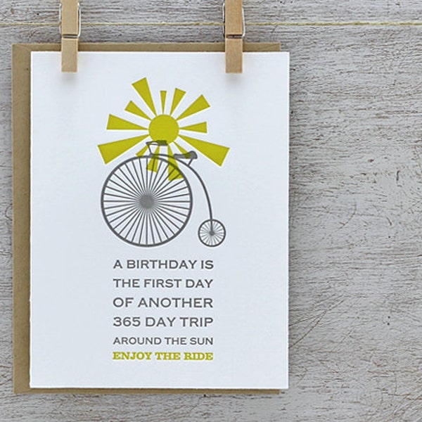 Bicycle Greeting Card: Happy Birthday Letterpress Card Set - Bike, Sunshine, Honey Gold, Yellow, Grey (Set of 3)