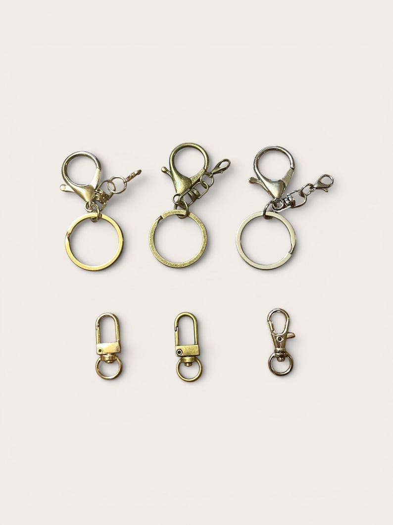 May include: An assortment of keychains and clasps in metallic finishes. The image displays three keychains with round rings and lobster claw clasps, and three smaller clasps, in gold and silver tones.