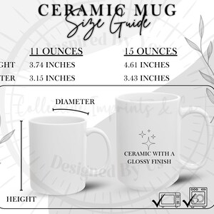 Keramiktasse Size Guide PNG mit botanischem Design, 11 Unze und 15 Unze Tasse Maßtabelle, sofortiger Download, Kaffeetasse Information Listing Pic