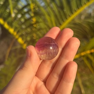 May include: A clear, spherical fluorite crystal ball with purple and yellow hues. The polished gemstone is held in an open hand, with a blurred green and yellow background of palm fronds.