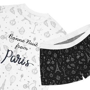 Bonne Nuit from Paris Pajama Set - Women&#39;s Black & White Short Sleepwear, Eiffel Tower All-Over Print, Cozy Gift for Her, Travel-Inspired