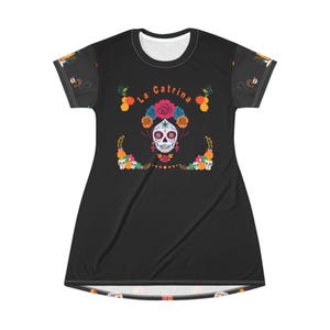 Vibrant La Catrina T-Shirt Dress, Day of the Dead Casual Dress, Floral Skull AOP Dress, Halloween Outfit, Unique Gift Idea