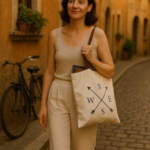 Wanderlust Compass-draagtas - katoenen canvas reistas | Kompas aan de ene kant, definitie van reislust aan de andere kant | Cadeau voor reizigers en dromers