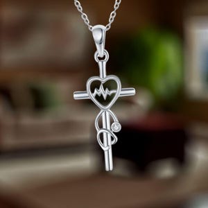 Christian Cross Stethoscope Necklace 925 Sterling Silver Stethoscope Cross Pendant Necklace for Women Nurse