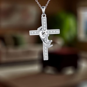 Collana con croce e corona in argento sterling 925 con zirconi cubici, collana cristiana per donna
