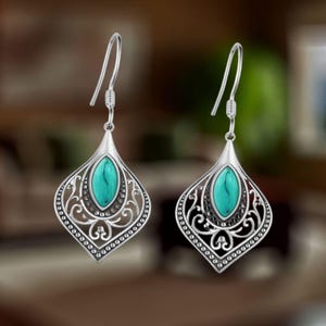 Bohemian Filigree Earrings 925 Sterling Silver Turquoise Earrings For Women