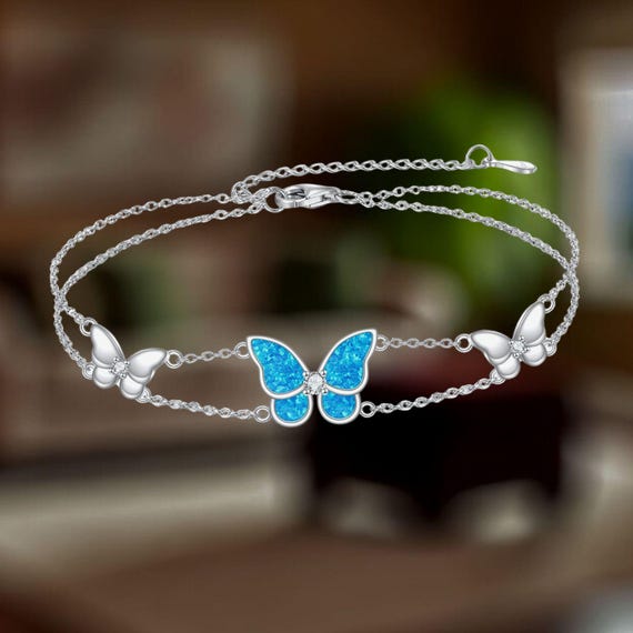 Cute Butterfly Bracelet for Women 925 Sterling Silver Blue Opal - Main Image