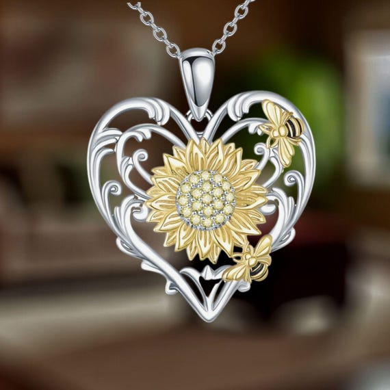 Sunflower Necklace Love Heart Necklace 925 Sterling Silver Bee