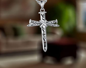 Nail Cross Necklace for Men 925 Sterling Silver Christian Cross Pendant Necklace