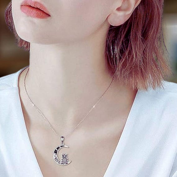 フクロウの月のネックレス 925 スターリングシルバー フクロウの山の 