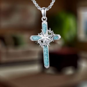 Christian Cross Thorns Necklace 925 Sterling Silver Thorns Turquoise Cross Pendant Necklace for Women