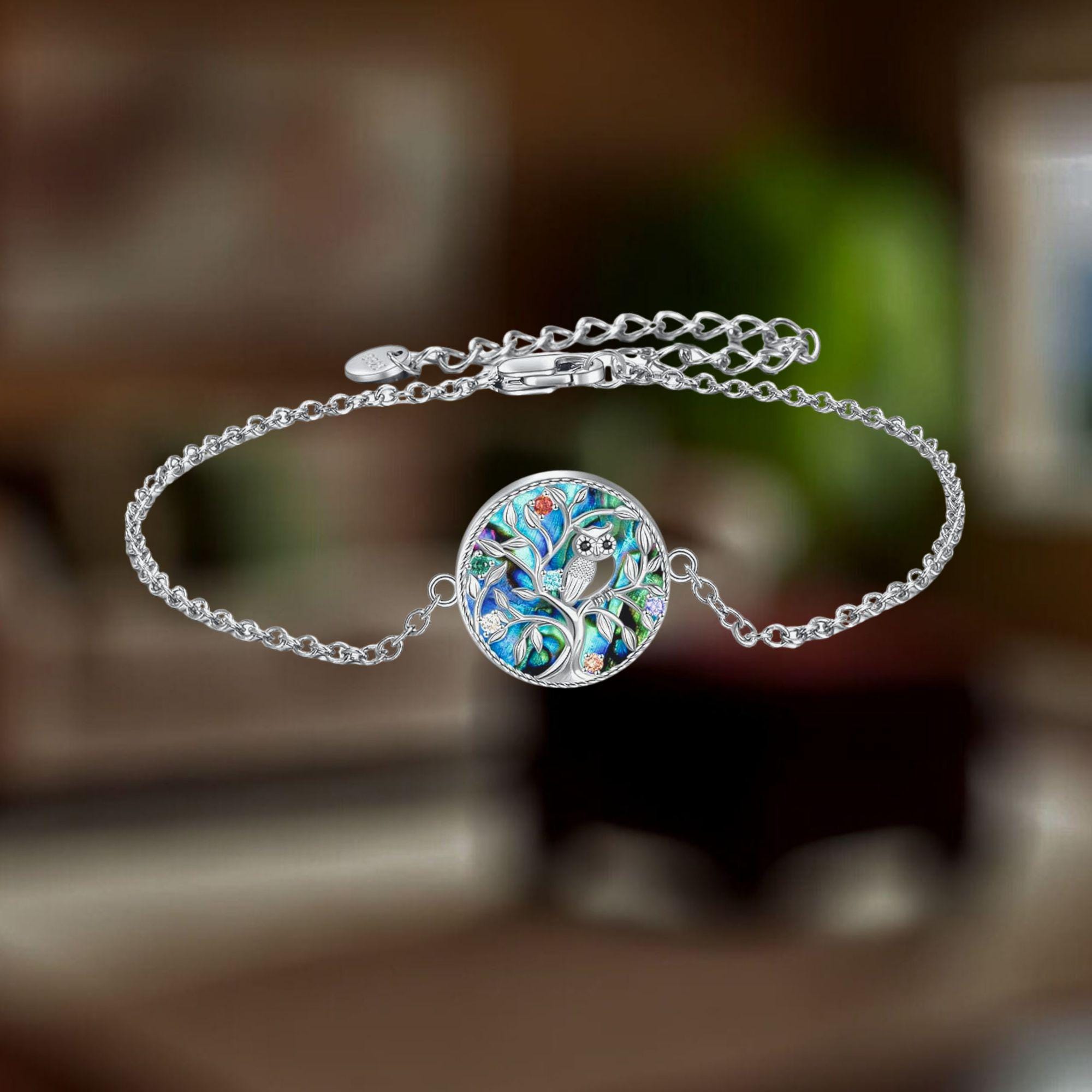 Owl Tree of Life Bracelet For Women 925 Sterling Silver Abalone Shell Jewelry