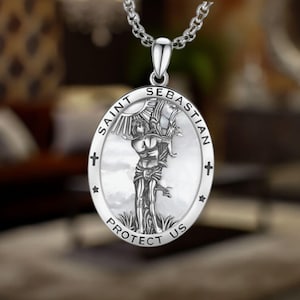 St Sebastian Necklace Oval Medal 925 Sterling Silver Patron Saint Sebastian Amulet Necklace Jewelry for Men