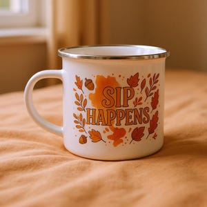 Funny &quot;Sip Happens&quot; Enamel Campfire Mug: Fall Coffee Cup, 12oz
