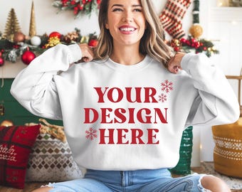 Gildan 18000 White Mockup - Gildan 18000 Sweatshirt Mockup - White Mockup - Christmas Mockup - Holiday Mockup - Christmas Crewneck Mockup