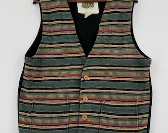 Vintage AHA Striped Woven Cotton Vest XL Boho Hippie 90s Grunge Waistcoat