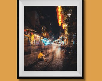 Hanoi Train Street Print, grafika ścienna, zdjęcie ulicy Hanoi, wydruk z Wietnamu, dekoracja fotograficzna Wietnamu, wietnamska fotografia podróżnicza