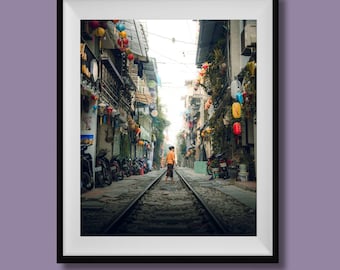 Hanoi Train Street Print, Zdjęcia zabytków Hanoi, Dekoracje ulic w Wietnamie, Portret Hanoi Wall Art Print, Wydruk miasta Hanoi