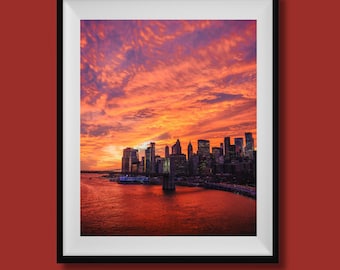 Foto real, impresión del puente de Brooklyn, arte mural de Brooklyn, foto de Brooklyn, arte mural de Nueva York, foto de la ciudad de Nueva York, impresión del atardecer en Nueva York, arte mural de Nueva York