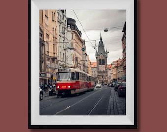 Prague Red Tram Print, Prague City Photography, Prague Wall Art Decor, Prague Travel Poster, Portrait Czech Republic Cityscape Decor