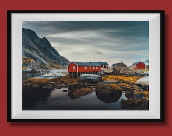 Red Fishermans Cabin Norway Print, Norway Wall Art, Norway Poster, Nordic Art, Lofoten Island Photography, Aerial Norway Photography