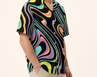 Psychedelic Hawaiian Shirt Short Sleeve Button Up EDM Rave Shirt Gift for Him