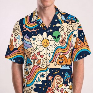 Trippy Alien Hawaiian Shirt Vintage 70s Psychedelic Button Up Summer Festival Outfit