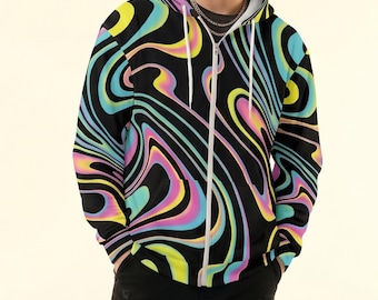 Trippy Rave Hoodie, Psychedelic Festival Clothing Zip Hoodie Pullover