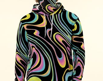 Trippy Gaiter Hoodie Neon Psychedelic Rave Hoodie EDM Festival Outfit Pullover Face Mask