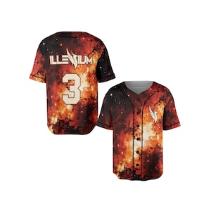 May include: Two baseball jerseys with a vibrant galaxy design in shades of orange, red, and black. One jersey displays the word "ILLENIUM" and the number "3" in a cream color. The other jersey has a white logo on the chest.