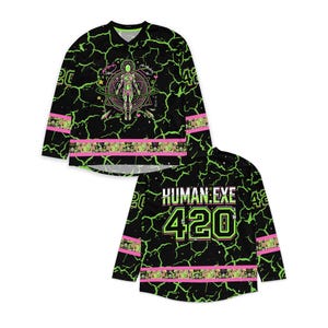 May include: Black long-sleeve hockey jersey with a green and pink design. The jersey features a cracked pattern, the number 42, and the text "HUMAN.EXE 420" on the back. The front has a graphic of an alien figure and stars.