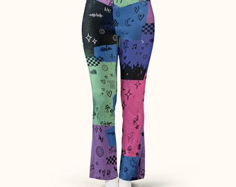 Patchwork Flare Leggings Y2k High Waisted Rave Pants Bell Bottoms Women