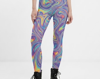 Trippy Hologram Rave Leggings, Festival Clothing High Waisted Tights for Women, Rave Outfits Matching Two Piece Set