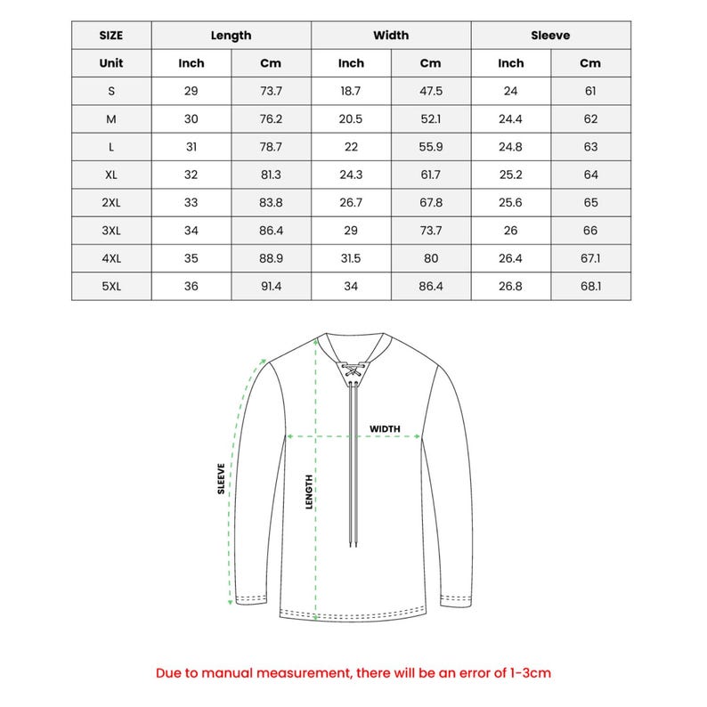 May include: Diagram of a long-sleeved shirt with measurements in inches and centimetres. The size chart includes measurements for length, width, and sleeve length, ranging from size S to 5XL. The text at the bottom states, "Due to manual measurement, there will be an error of 1-3cm."