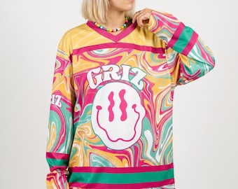 Trippy PLUR Rave Jersey, Melting Smiley Hockey Shirt, Psychedelic EDM Festival Outfit
