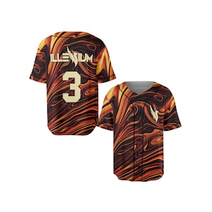 May include: Two baseball jerseys with a swirling orange, brown, and black pattern. One jersey has the number 3 in gold and the word "ILLENIUM" in white. The other jersey has a white logo on the chest.