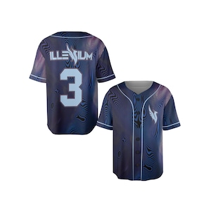 May include: Two baseball jerseys. One jersey has the word "ILLENIUM" and the number "3" on the back. The other jersey has a logo on the front. Both jerseys have a blue and purple wavy pattern.