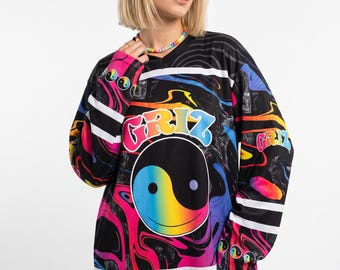 Trippy EDM Rave Jersey, Yin Yang Smiley Hockey Shirt, Psychedelic Festival Outfit