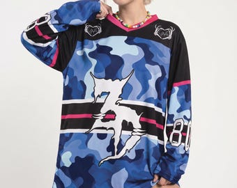 Blue Camo Rave Jersey Basshead Y2K Hockey Shirt Edm Festival Outfit