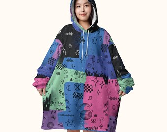 Y2K Blanket Hoodie, Patchwork Oversized Pullover, Wearable Festival Rave Shirt