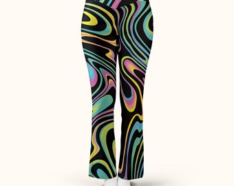 Trippy Neon Flare Leggings, High Waisted Bell Bottom Rave Pants for Women, Psychedelic Bottom