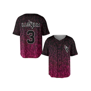May include: Black and pink baseball jersey with a swirling pattern. The jersey features the word "ILLENIUM" and the number "3" on the back. The front has a white logo and a button-up design.