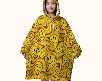 Trippy Blanket Hoodie Warm Oversized Smiley Wearable Blanket Psychedelic Rave Shirt Gift for Her