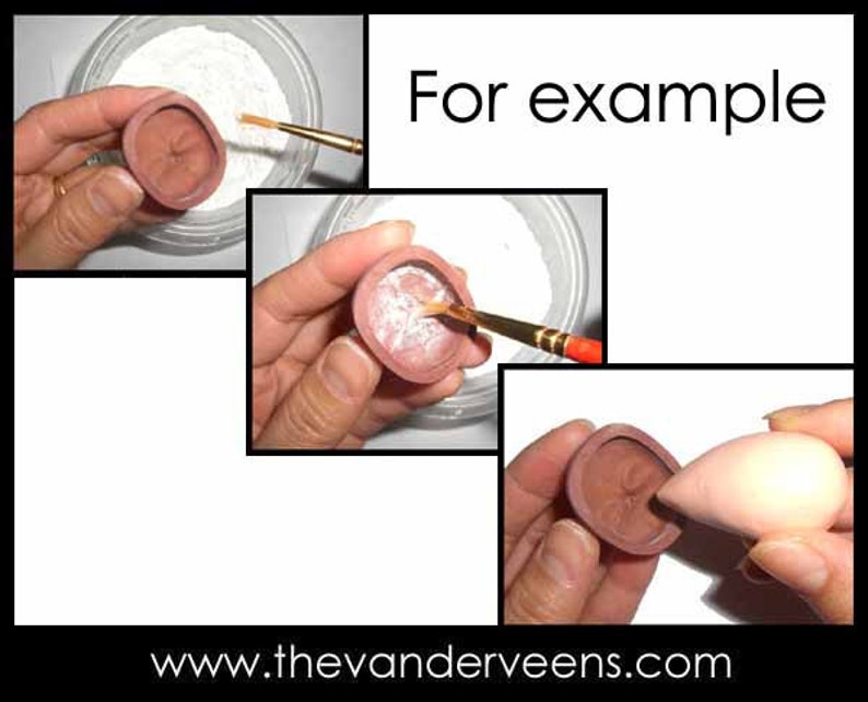 May include: Close-up of a person's hand using a small brush to apply white powder to a brown, round object. The text "For example" is visible in the image.