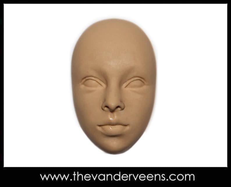 May include: A close-up of a beige plaster face mold. The mold is smooth and has a realistic appearance.